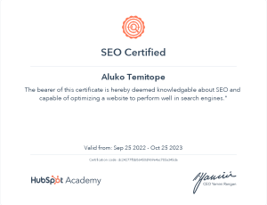 Hubspot SEO cert Temitope